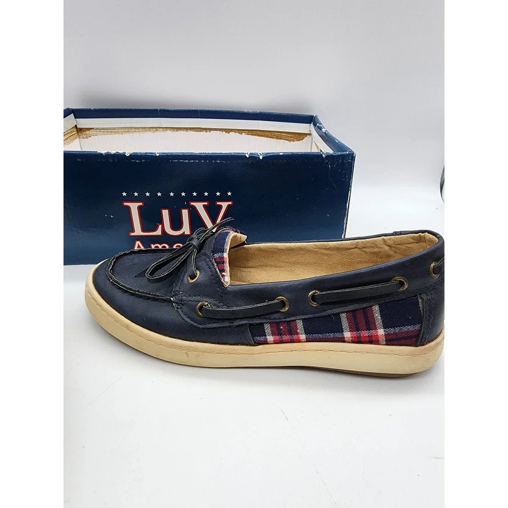 LuV America Laguna Navy Blue Plaid Boat Shoes CW19149 Mens 6